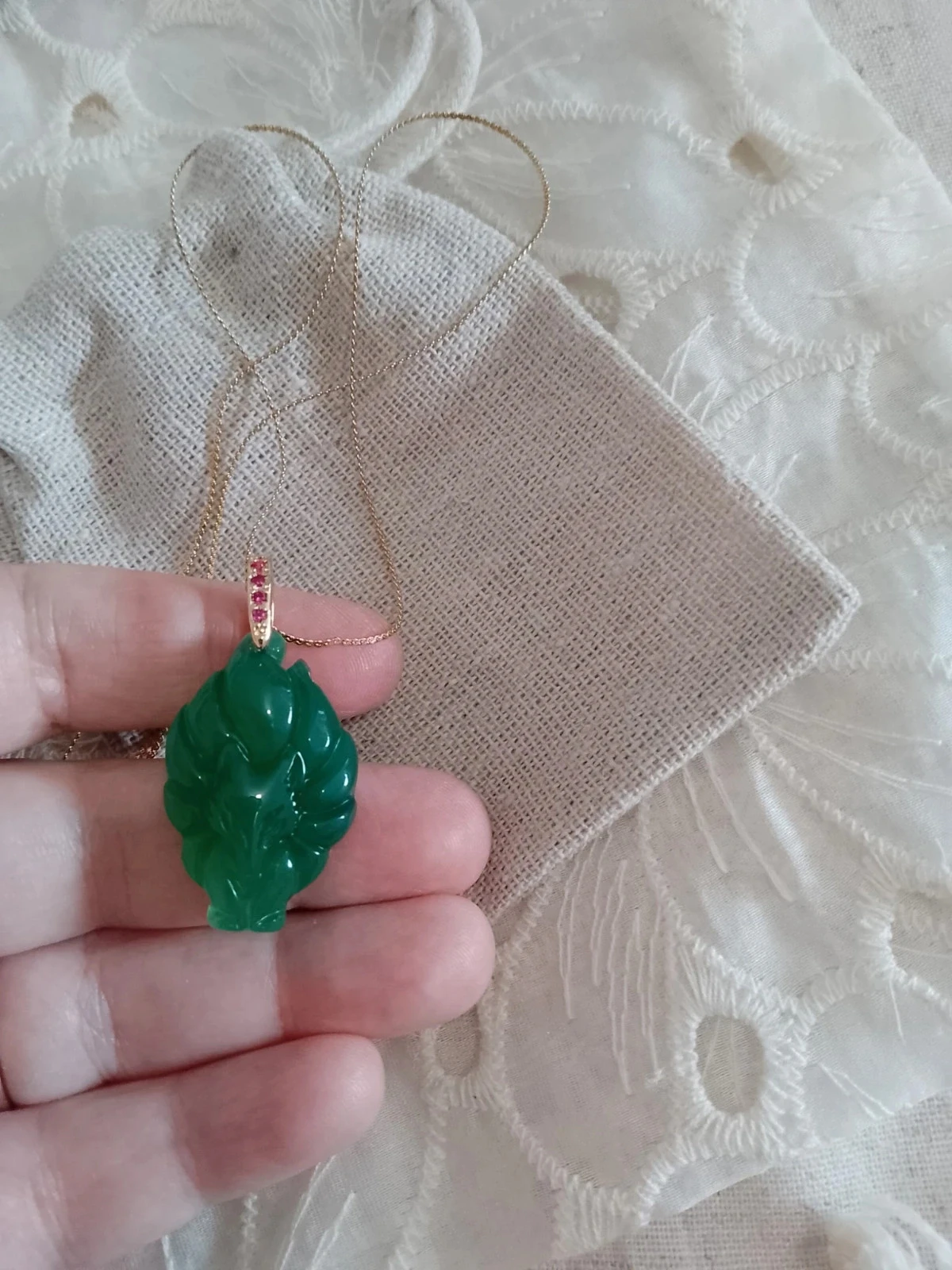 Collier Renard kitsune à 9 queues japonais en pierre de jade vert de Myanmar – photo 3